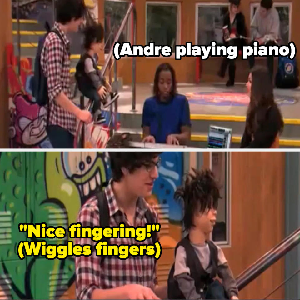 Scene from a TV show with Andre playing piano and complimenting a young student's piano technique, who wiggles fingers in response