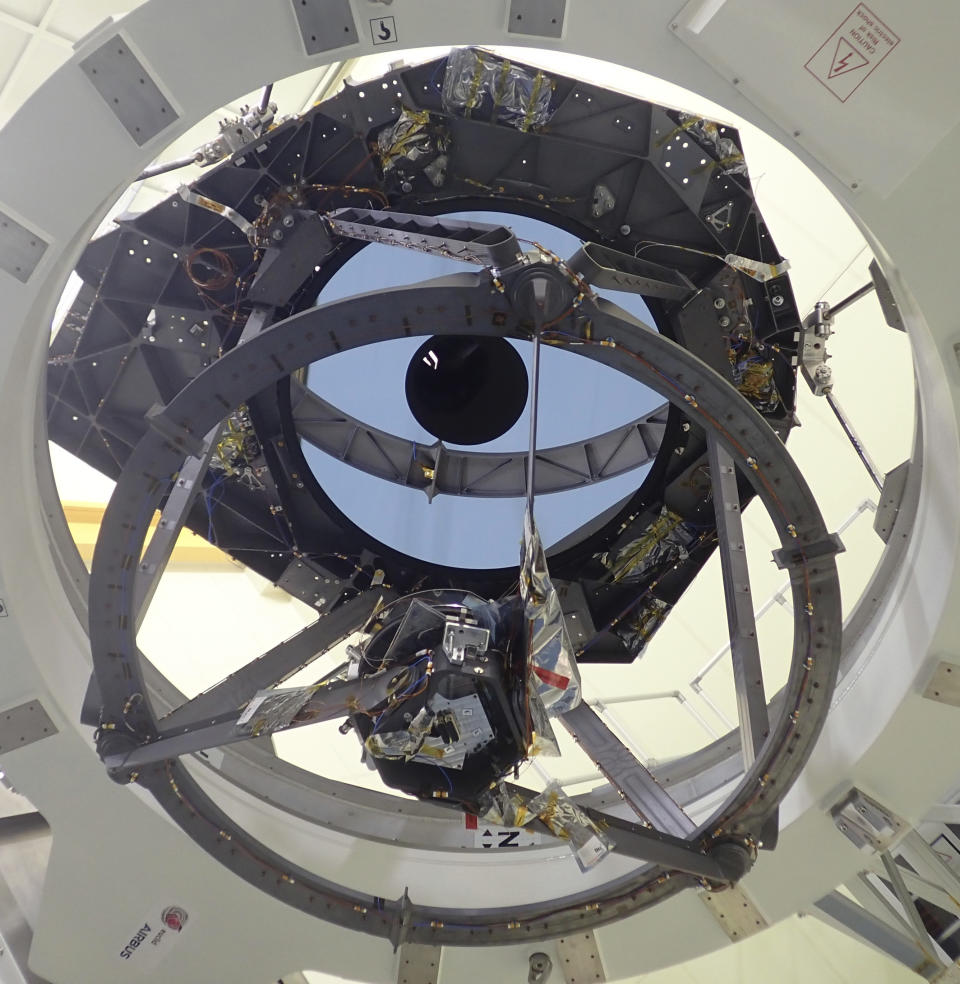 This photo provided by the European Space Agency on June 28, 2023 shows the 1.2-meter (3.9-foot) main mirror of the Euclid space telescope. (ESA via AP)