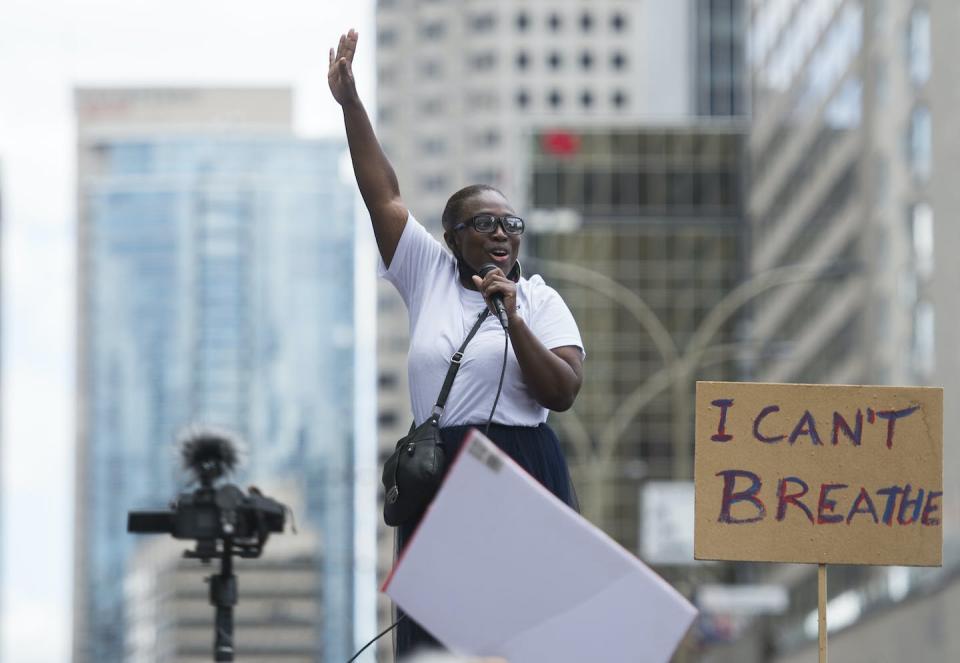 A disconnect exists between notions of human dignity and racialized violence. A protestor speaks in Montréal in June 2020. THE CANADIAN PRESS/Graham Hughes