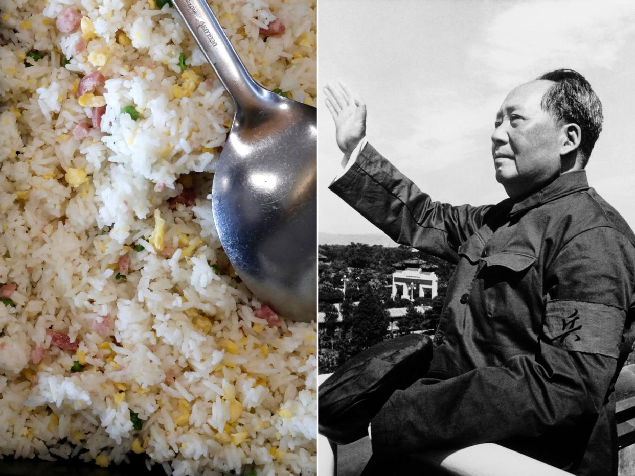 A serving of egg fried rice, and Mao Zedong waves at a crowd in Beijing.