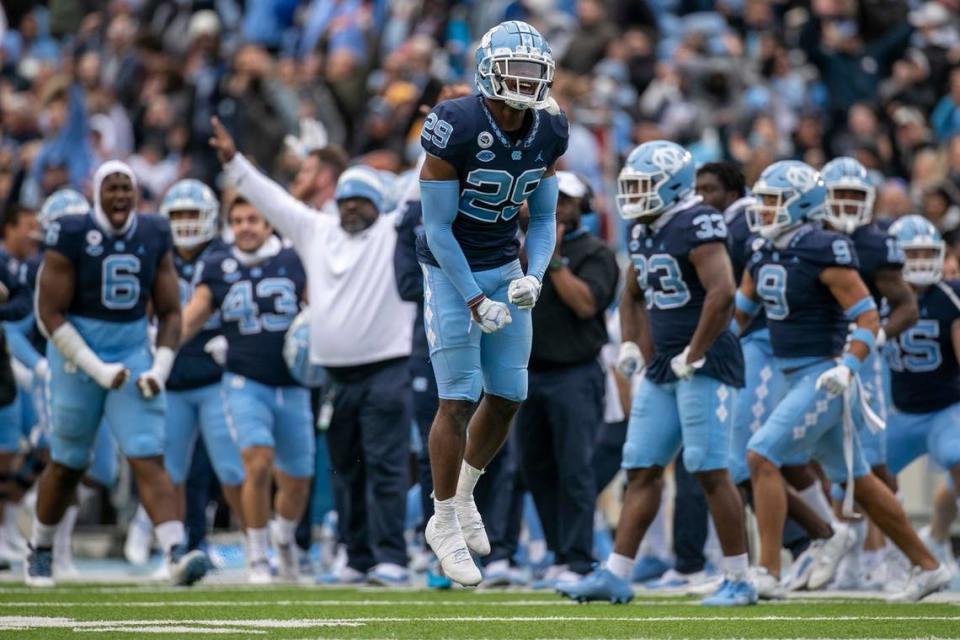 North Carolina’s Storm Duck (29) reacts after breaking up a pass intended for Wake Forest’s A.T. Perry (9) on fourth down, turning the ball over to North Carolina and securing their victory on Saturday, November 6, 2021 at Kenan Stadium in Chapel Hill, N.C.