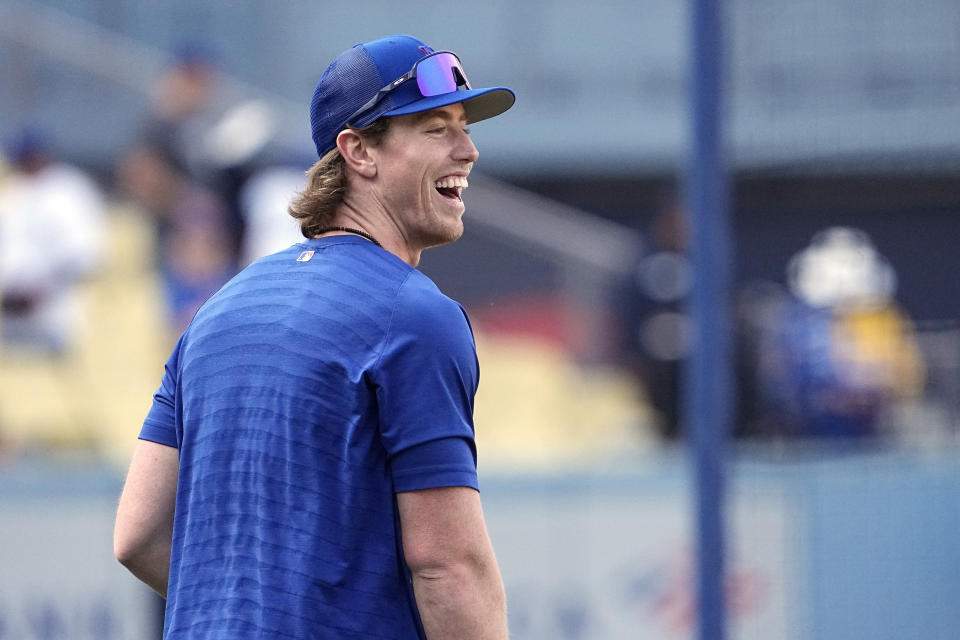 New York Mets' Brett Baty laughs during practice prior to a baseball game against the Los Angeles Dodgers Monday, April 17, 2023, in Los Angeles. (AP Photo/Mark J. Terrill)