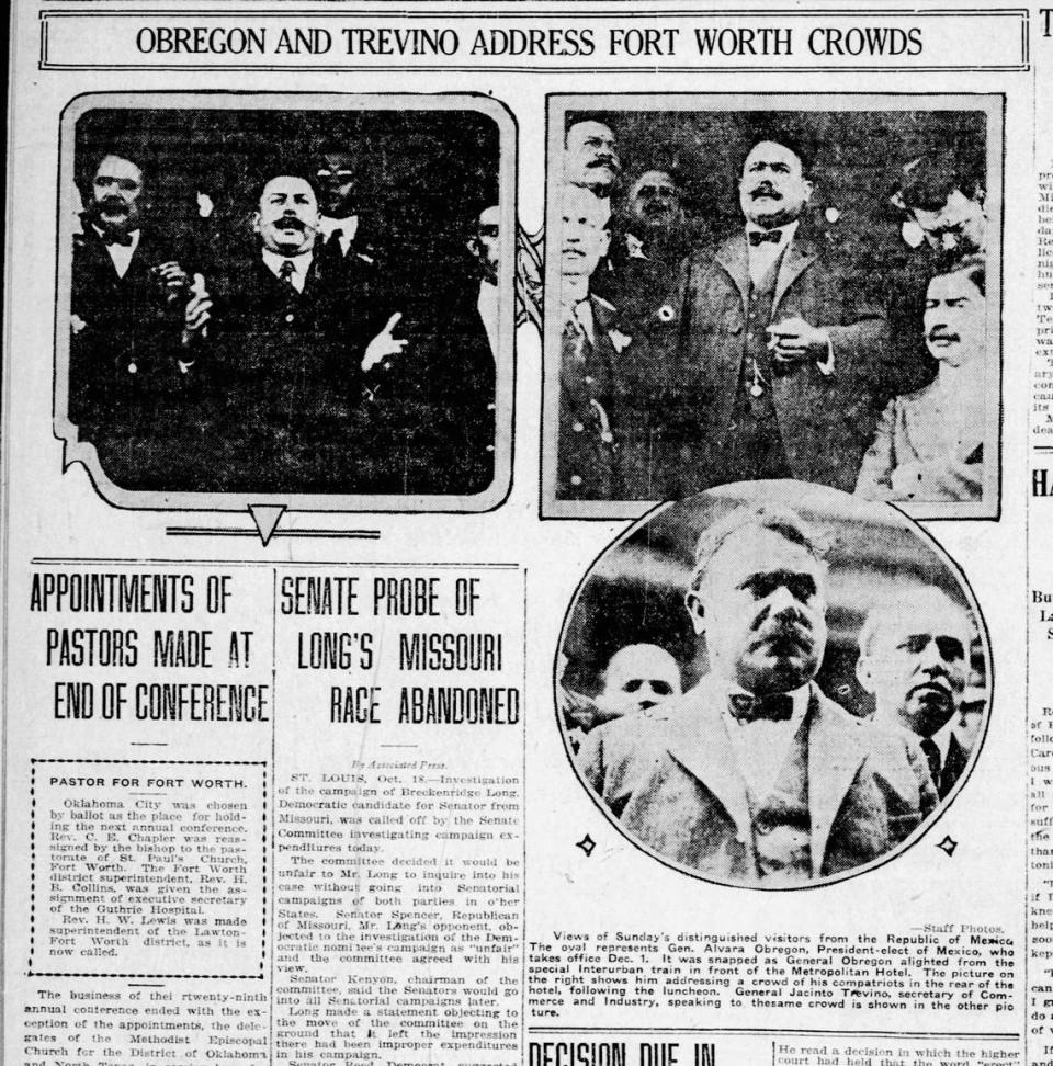 The Fort Worth Star-Telegram’s coverage of Gen. Álvaro Obregón, president-elect of Mexico, visiting the city on Sunday, Oct. 17, 1920