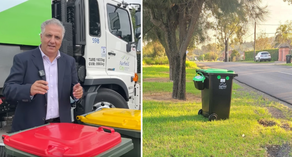 Left image is of Mayor of Fairfield Frank Carbone announcing the move to the green bins. Right image is of a FOGO bin on the street.