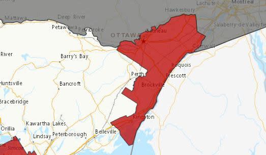 This map shows the extent of the heat warnings that had been issued for eastern Ontario as of Sept. 2, 2023.