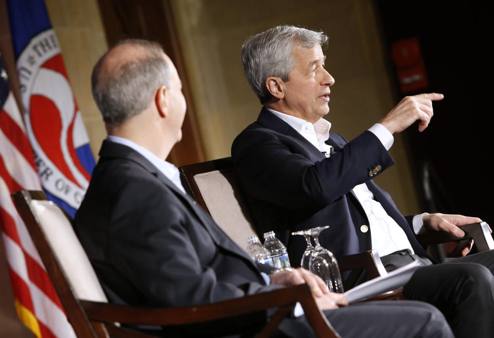 Jamie Dimon and Andy Serwer, Editor-in-Chief, Yahoo Finance, discuss Dimon’s Annual Letter to Shareholders on Tuesday, April 4, 2017. (Paul Morigi/AP Images for JPMorgan Chase)
