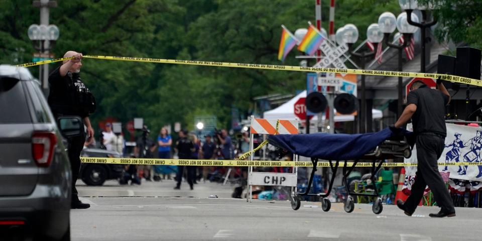 A stretcher is seen after a mass shooting at the Highland Park Fourth of July parade in downtown Highland Park, Ill.