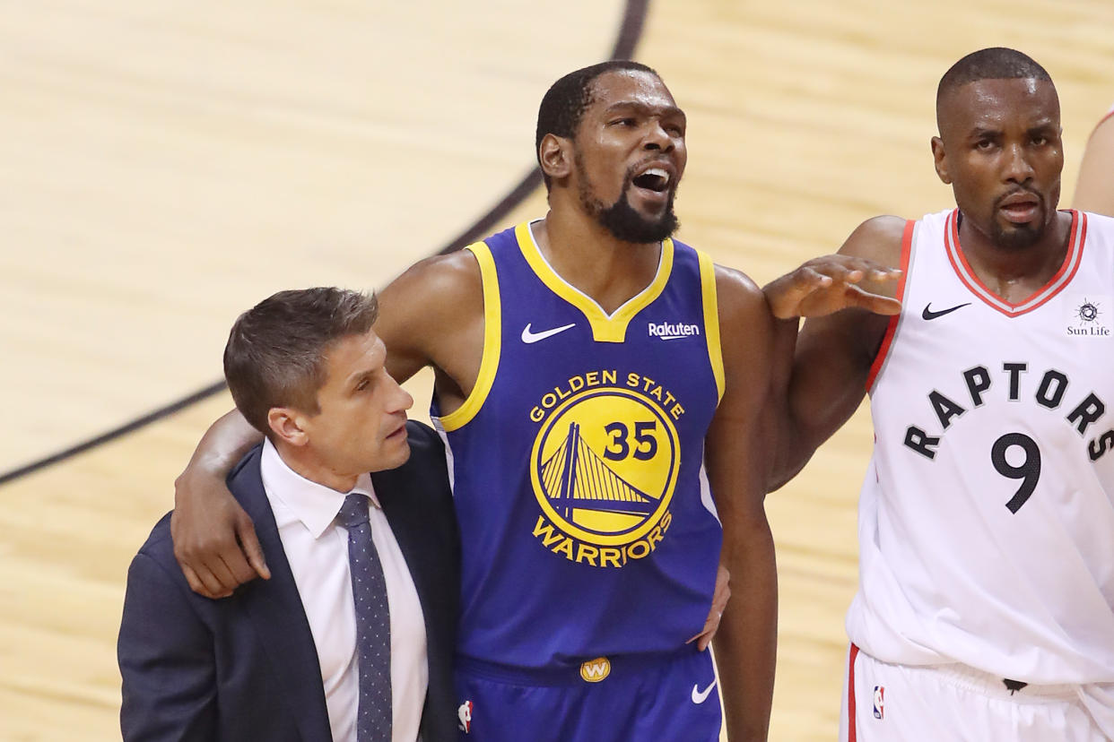 Kevin Durant's Achilles injury was a devastating blow, but his financial outlook is reportedly secure. (Getty)