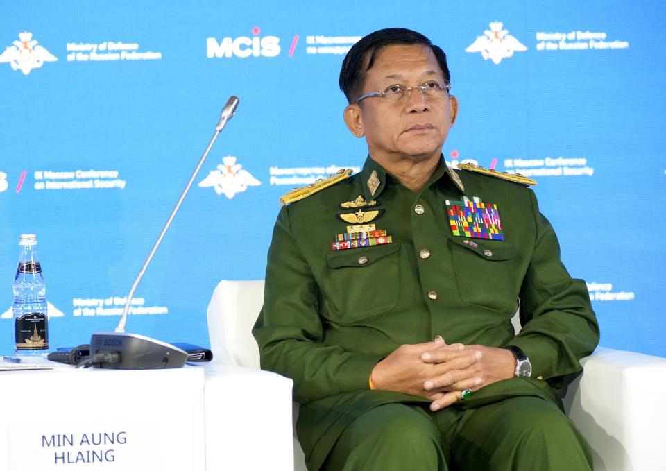 Commander-in-Chief of Myanmar's armed forces, Senior General Min Aung Hlaing attends the IX Moscow conference on international security in Moscow, Russia, Wednesday, June 23, 2021. (AP Photo/Alexander Zemlianichenko, Pool)