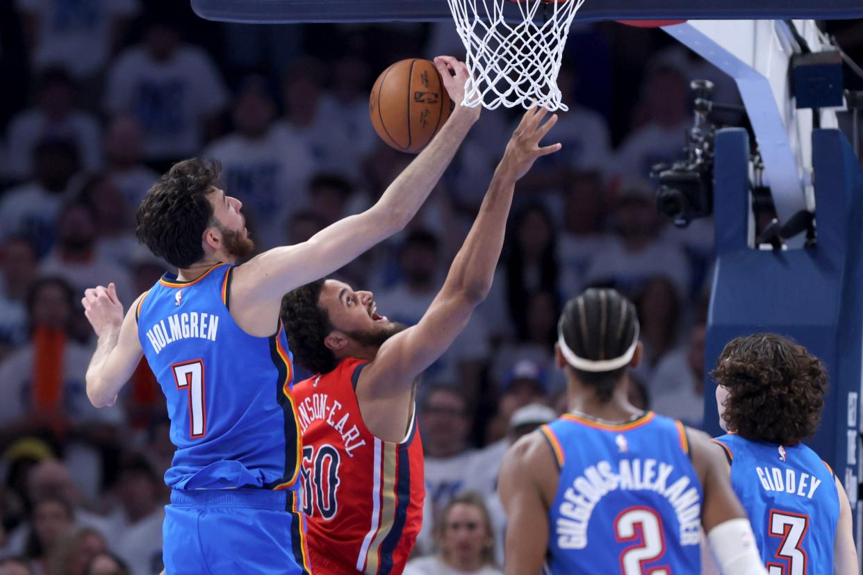 Oklahoma City Thunder forward Chet Holmgren (7) blocks a shot attempt by New Orleans Pelicans forward Jeremiah Robinson-Earl (50) during Game 2 of the NBA basketball playoff series between the Oklahoma City Thunder and the New Orleans Pelicans at Paycom Center in Oklahoma City, Wednesday, April 24, 2024. Oklahoma City won 124-92.