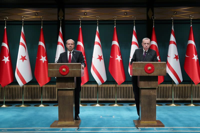 Turkish President Erdogan holds a news conference with Tatar, prime minister of the breakaway state of Northern Cyprus, in Ankara