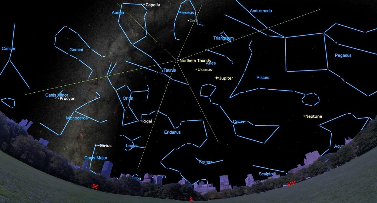  A wide view of the night sky shows many outlined constellations, with protruding lines indicating the northern taurids. 