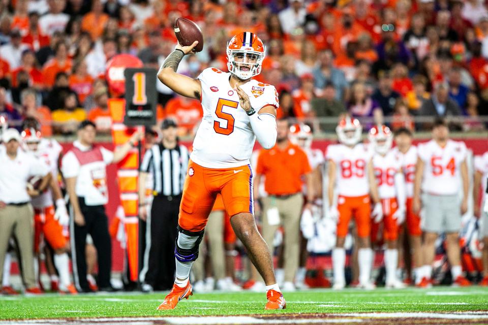 Clemson quarterback DJ Uiagalelei (5) throws during a NCAA college football game in the Cheez-It Bowl against Iowa State, Wednesday, Dec. 29, 2021, at the Camping World Stadium in Orlando, Fla.