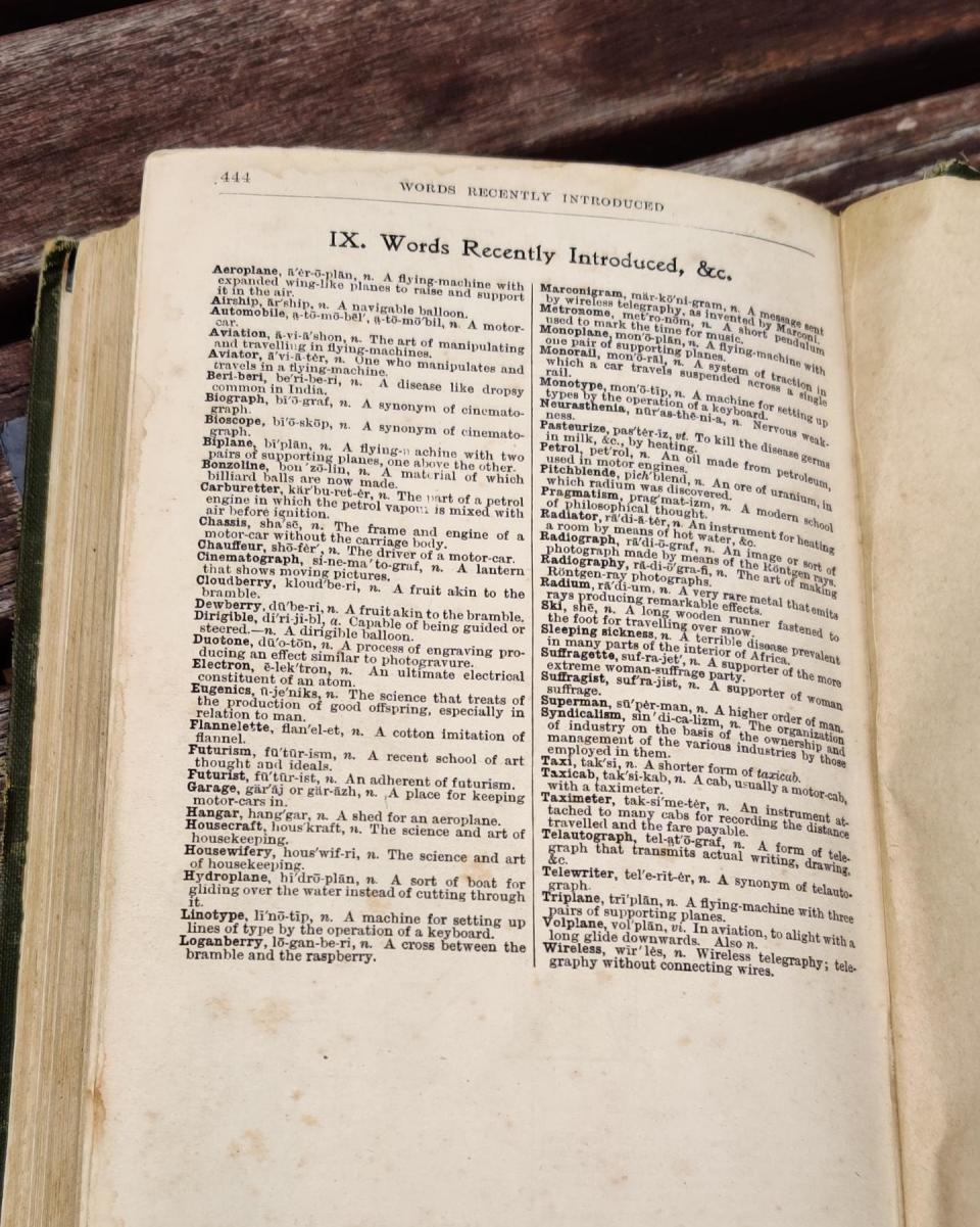 "Words recently introduced" include aeroplane, automobile, aviation, futurist, eugenics, electron, chauffeur, linotype, housewifery, taxicab, suffragist (a supporter of women suffrage) and suffragette (a supporter of the more extreme woman-suffrage party)