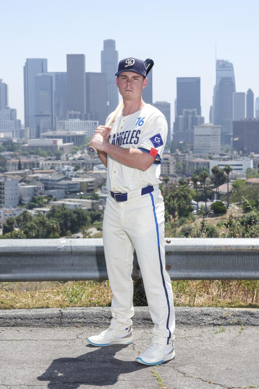 Dodgers catcher Will Smith poses in the City Connect team's new uniform.