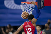 Philadelphia 76ers' Tobias Harris dunks during the first half of an NBA basketball game against the Boston Celtics, Friday, Jan. 22, 2021, in Philadelphia. (AP Photo/Chris Szagola)