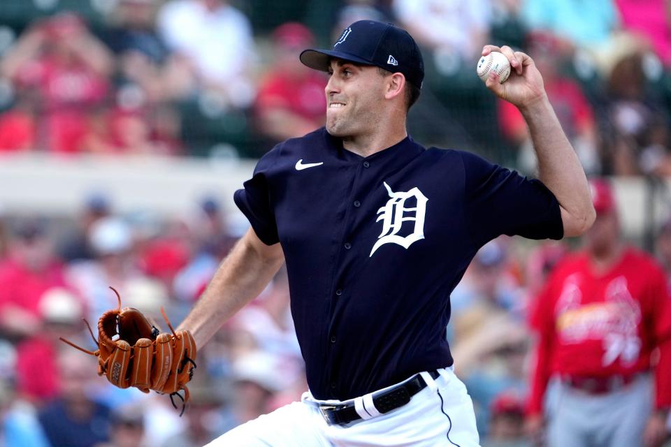 Tigers pitcher Matthew Boyd throws a pitch in the first inning of the exhibition game against the Cardinals on Tuesday, March 7, 2023, in Lakeland, Florida.