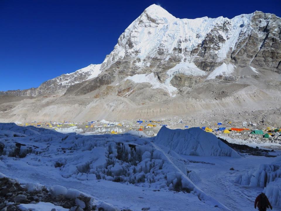 Everest Base Camp is seen from Crampon Point, the entrance into the Khumbu icefall below Mount Everest, following an avalanche that killed sixteen Nepalese sherpas in the  Khumbu icefall (AFP via Getty Images)