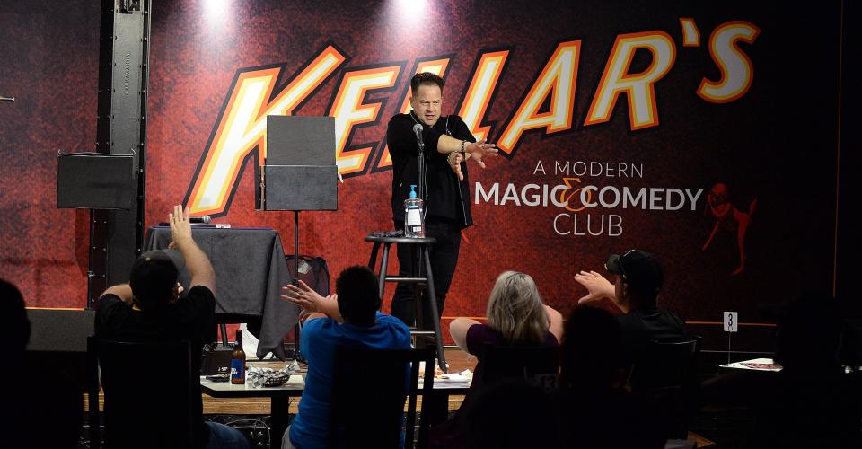 Bobby Borgia, owner of Kellar’s: A Modern Magic & Comedy Club, performs an illusion Aug. 15, 2020, at the club, 1402 State St.