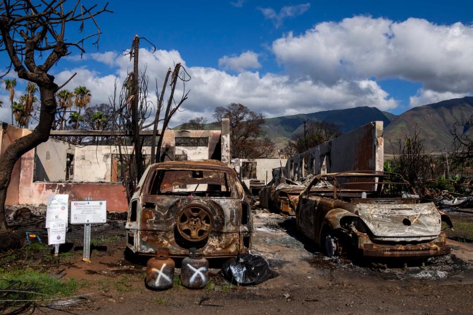 Burned cars and propane tanks with markings on them sit outside a house destroyed by wildfire, Friday, Dec. 8, 2023, in Lahaina, Hawaii. An acute housing shortage hitting fire survivors on the Hawaiian island of Maui is squeezing out residents even as they try to overcome the loss of loved ones, their homes and their community (Copyright 2023 The Associated Press. All rights reserved.)