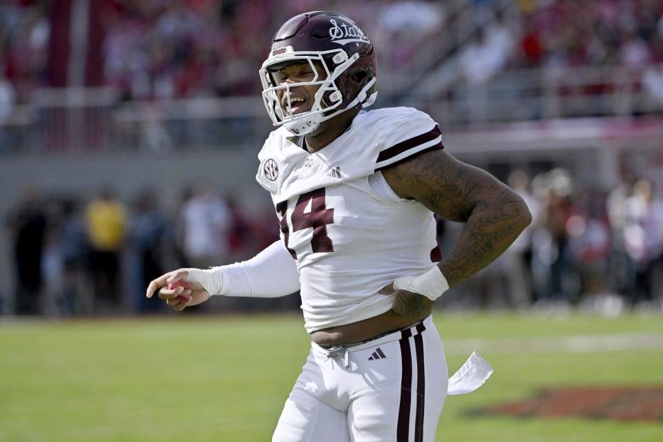 FILE - Mississippi State linebacker Nathaniel Watson (14) reacts during an NCAA college football game against Arkansas, Saturday, Oct. 21, 2023, in Fayetteville, Ark. (AP Photo/Michael Woods, File)
