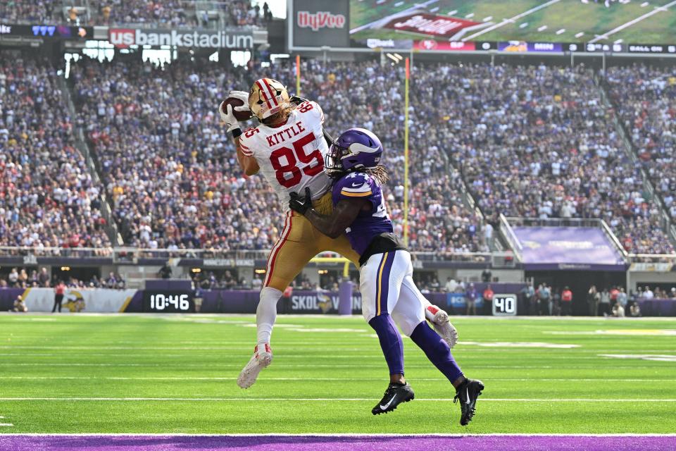 George Kittle ranks fourth among tight ends with 116 receiving yards through two games. He also caught a touchdown pass in Sunday's loss to the Vikings.