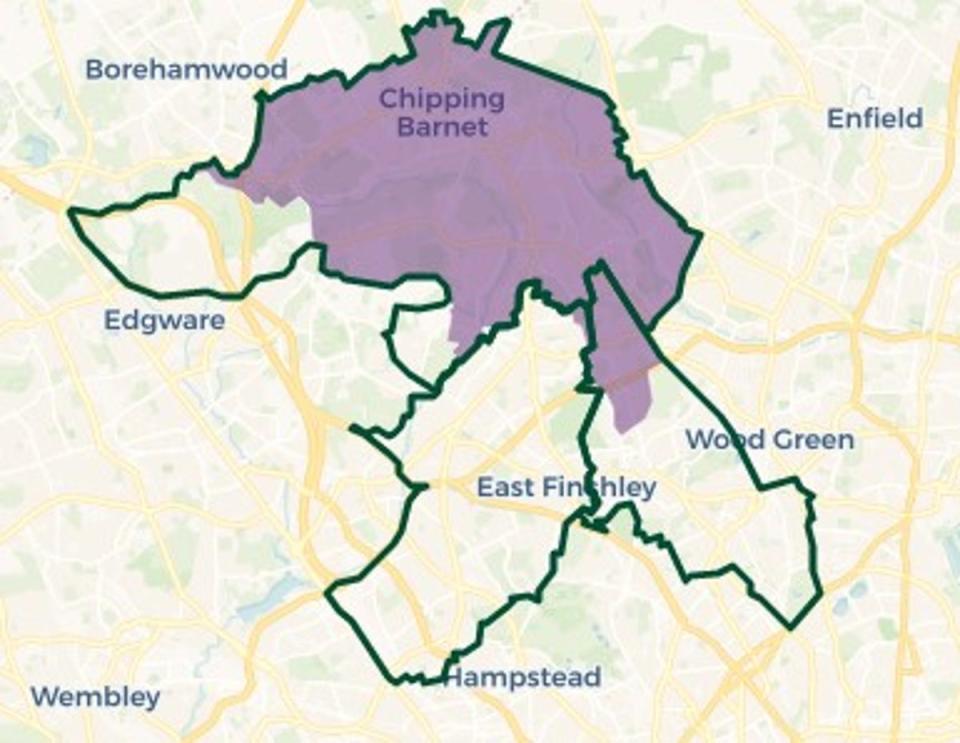 Constituency map of Chipping Barnet (purple shading shows old constituency before boundary changes) (© OpenStreetMap contributors | © CARTO)