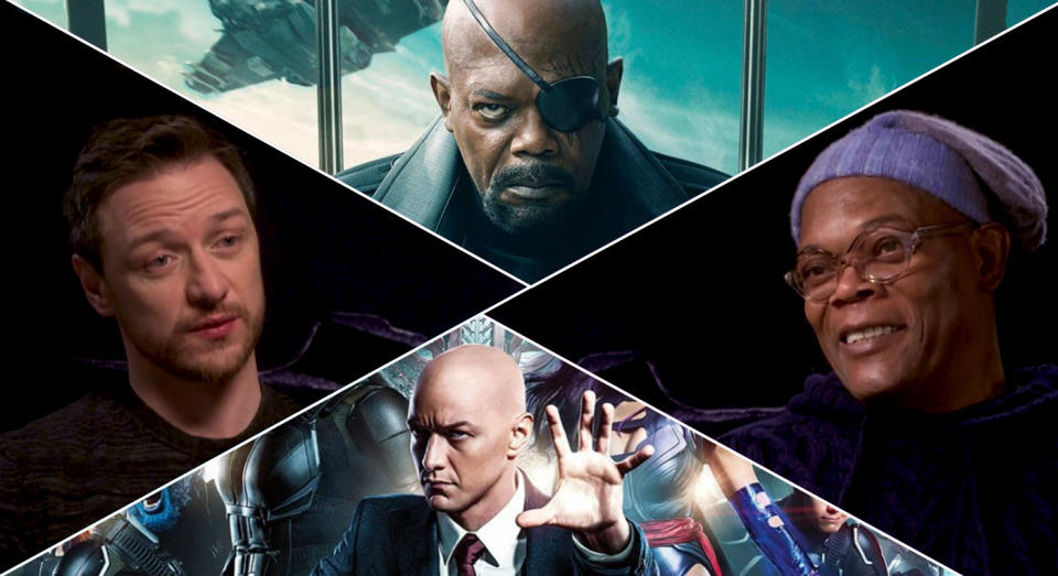 James McAvoy and Samuel L Jackson play bald heroes in opposing Marvel universes that may one day collide. (Disney/20th Century Fox)