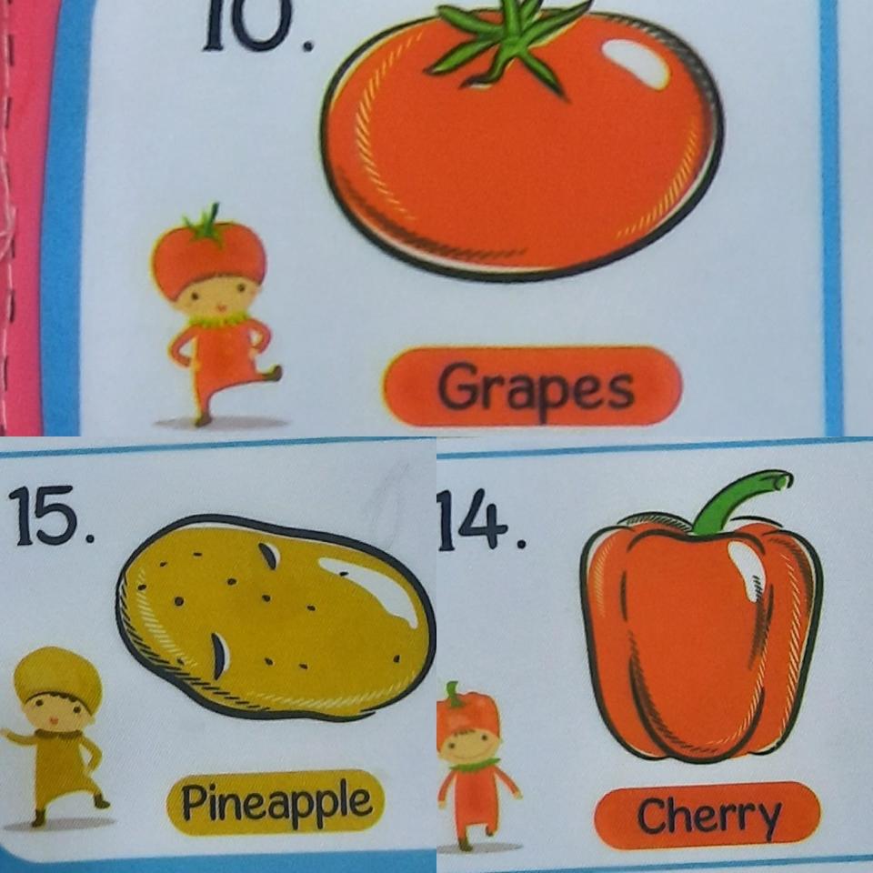 "Pineapple" label for a potato, "grapes" for a tomato, and "cherry" for a red bell pepper