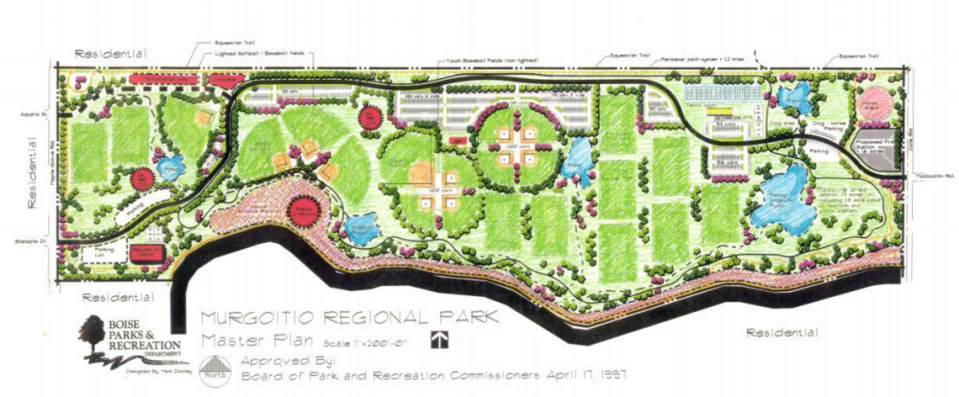 “This undeveloped park property is between South Cole and South Maple Grove roads, and is planned to be the second largest developed park in the system,” reads the Murgoitio section of the city’s 2011 Comprehensive Parks and Recreation Plan. “The park master plan provides a mix of special use and large urban amenities that will accommodate baseball and soccer games, as well as large community events. Other improvements include a competition lighted soccer/football field; a competition lighted baseball/softball field; six youth baseball fields; two lighted legion baseball fields; three lighted adult softball/baseball fields; eight soccer fields; eight lighted tennis courts; an 18-hole disc golf course; four basketball courts; paved parking areas; perimeter pathways (walking, biking, and equestrian); seven restroom buildings; a large playground with swings; three large group picnic shelters; up to six small- and/or medium-group picnic shelters; an equestrian riding rink; a dog off-leash area; two irrigation/fishing ponds with docks; an overlook shelter; an indoor recreation center; a caretaker’s residence; and a maintenance yard. The City also should construct one additional outdoor pool at this large urban park.”