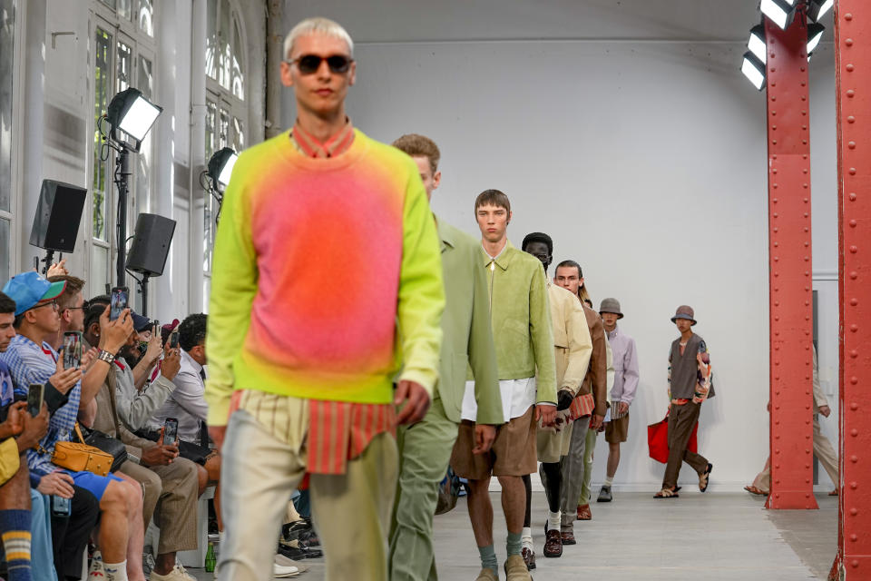 A model wears a creation as part of the Paul Smith men's Spring Summer 2023 collection presented in Paris, France, Friday, June 24, 2022. (AP Photo/Michel Euler)