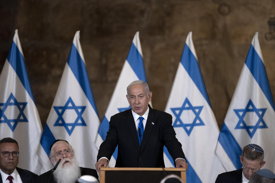 Israel's Prime Minister Benjamin Netanyahu speaks at the weekly cabinet meeting, in the Western Wall tunnels in the Old City of Jerusalem, Sunday, May 21, 2023. (AP Photo/ Maya Alleruzzo, Pool)