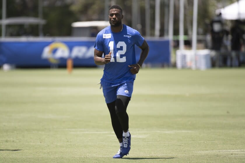 Los Angeles Rams wide receiver Van Jefferson runs during NFL football practice Tuesday.