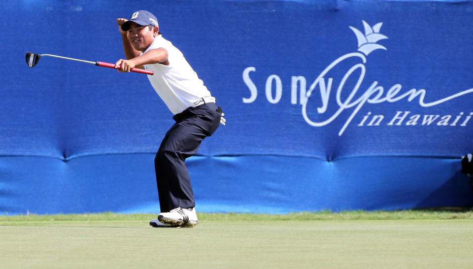 HONOLULU, HI - JANUARY 13: Tadd Fujikawa reacts to an eagle on the 9th hole during the second round of the Sony Open in Hawaii at Waialae Country Club on January 13, 2012 in Honolulu, Hawaii. (Photo by Sam Greenwood/Getty Images)