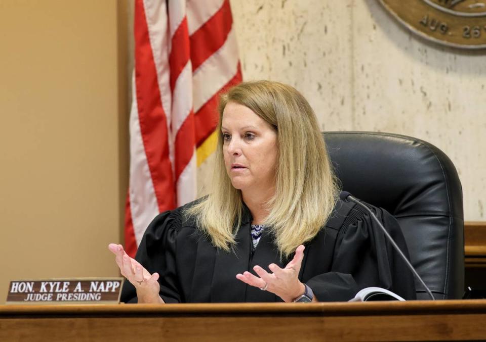 Madison County Circuit Court Judge Kyle Napp presides over the the sentencing hearing of Timothy Banowetz on Dec. 10, 2021. Banowetz had two months earlier pleaded guilty to the 2020 murder of Edwardsville attorney and philanthropist Randy Gori at his home.