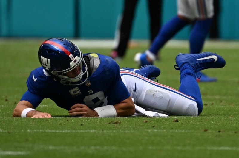 The New York Giants fear that quarterback Daniel Jones tore his ACL during a loss to the Las Vegas Raiders on Sunday in Las Vegas. File Photo by Larry Marano/UPI