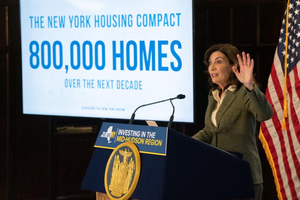 New York Gov. Kathy Hochul speaks at a press conference at Pace University in Pleasantville on Feb. 21, 2023. Hochul is touring the state touting her New York Housing Compact to build 800,000 units of housing over the next decade.