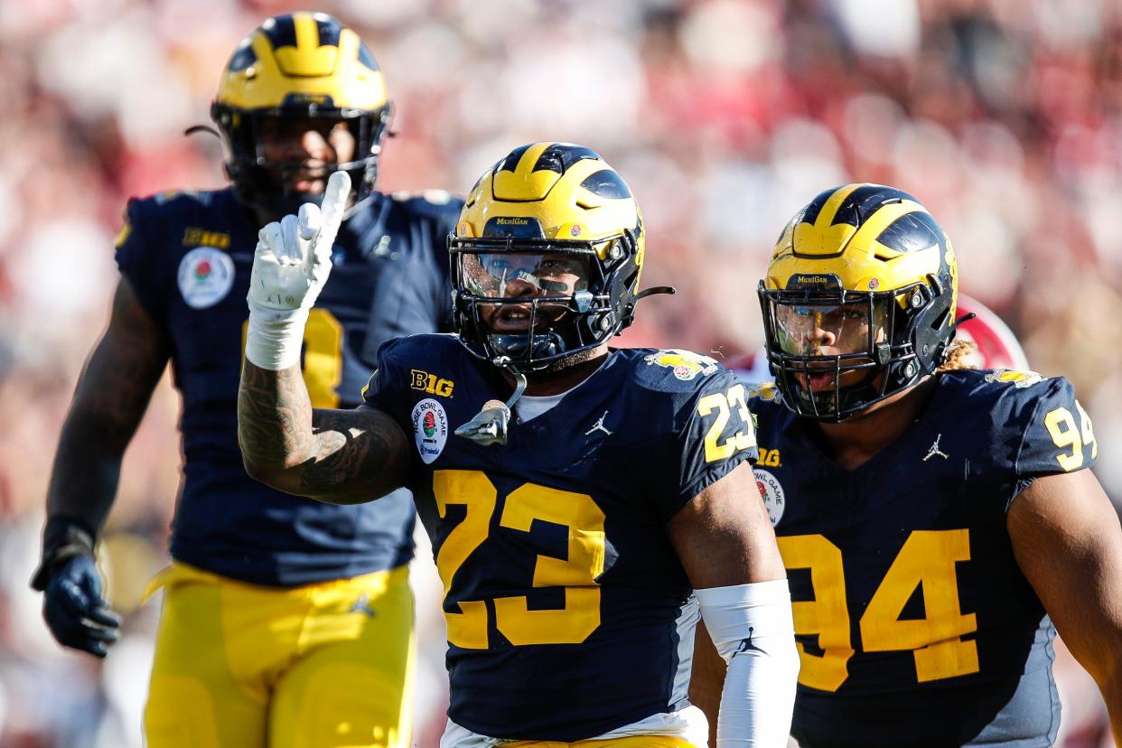 Michigan linebacker Michael Barrett celebrates a play against Alabama during the first half of the Rose Bowl in Pasadena, California, on Monday, Jan. 1, 2024.
