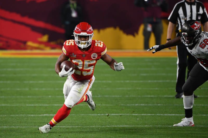 Kansas City Chiefs running back Clyde Edwards-Helaire totaled 68 yards from scrimmage on 13 touches in Week 14. File Photo by Kevin Dietsch/UPI