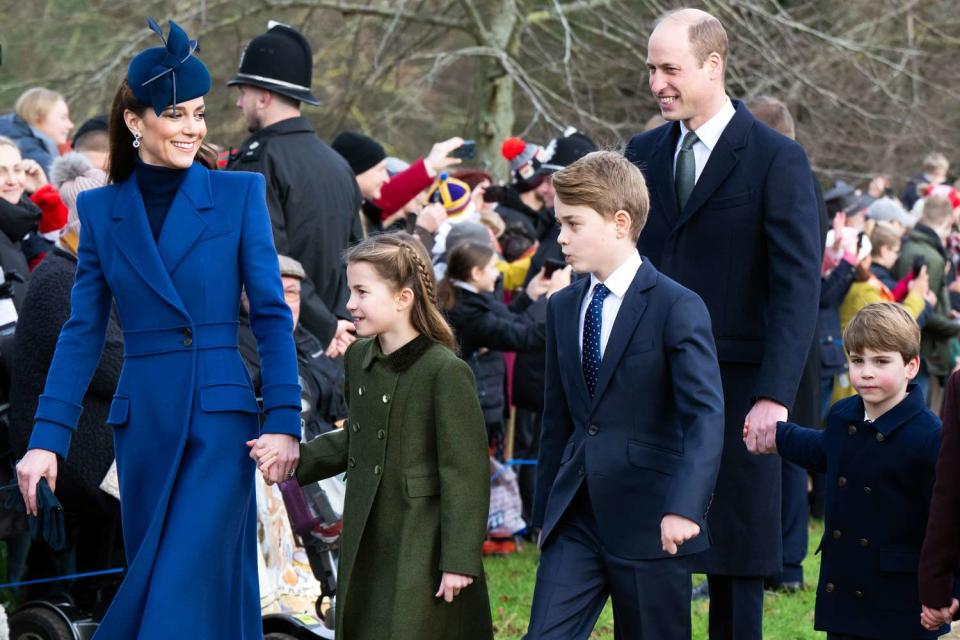 <p>Samir Hussein/WireImage</p> Kate Middleton, Princess Charlotte, Prince George, Prince William and Prince Louis on Christmas in 2023.