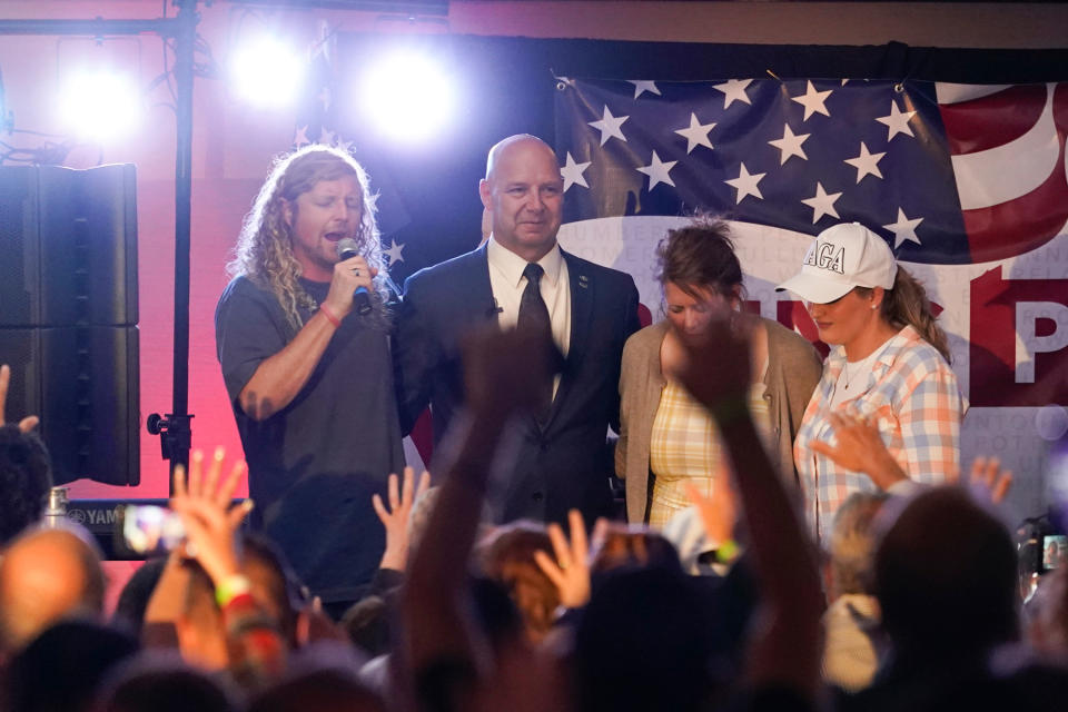 State Sen. Doug Mastriano, a Republican candidate for governor of Pennsylvania, stands on stage with Feucht at a primary-night election gathering on May 17, 2022. - Credit: Carolyn Kaster/AP Images