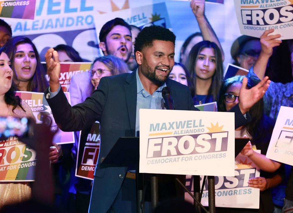 Democratic winner for Florida's 10th Congressional District Maxwell Frost speaks as he celebrates with supporters during a victory party at The Abbey in Orlando, Fla., on Tuesday.