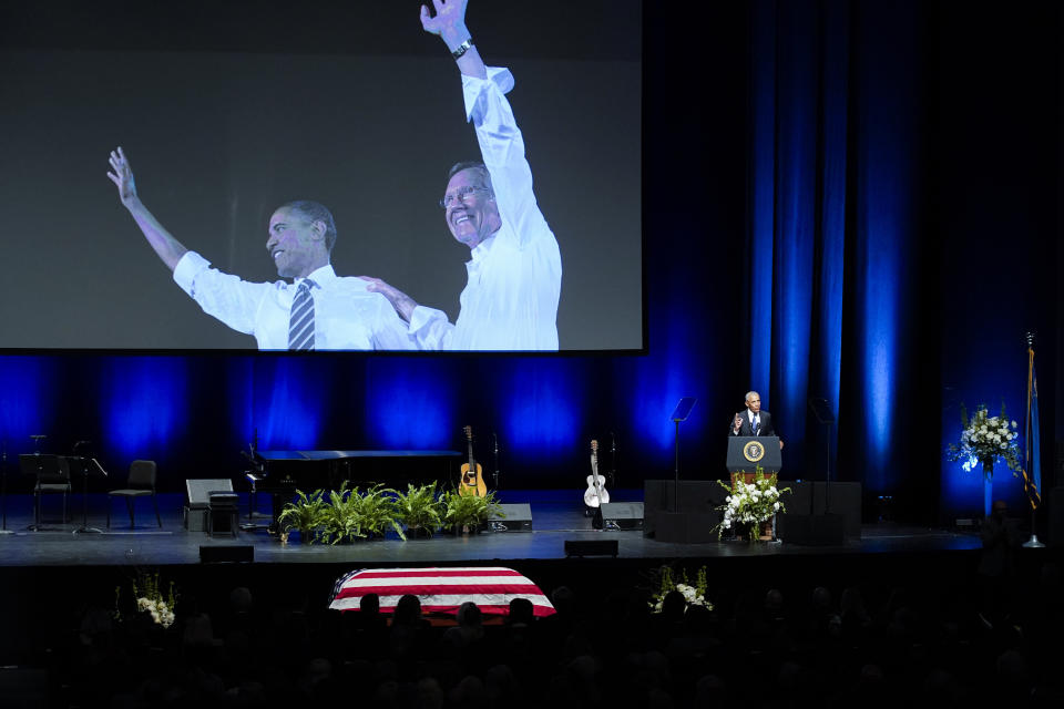 Former President Barack Obama speaks during a memorial service for former Senate Majority Leader Harry Reid at the Smith Center in Las Vegas, Saturday, Jan. 8, 2022. (AP Photo/John Locher)