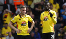 <p>Watford’s Tom Cleverley and M’Baye Niang look confused after Manchester City score Reuters / Stefan Wermuth Livepic </p>