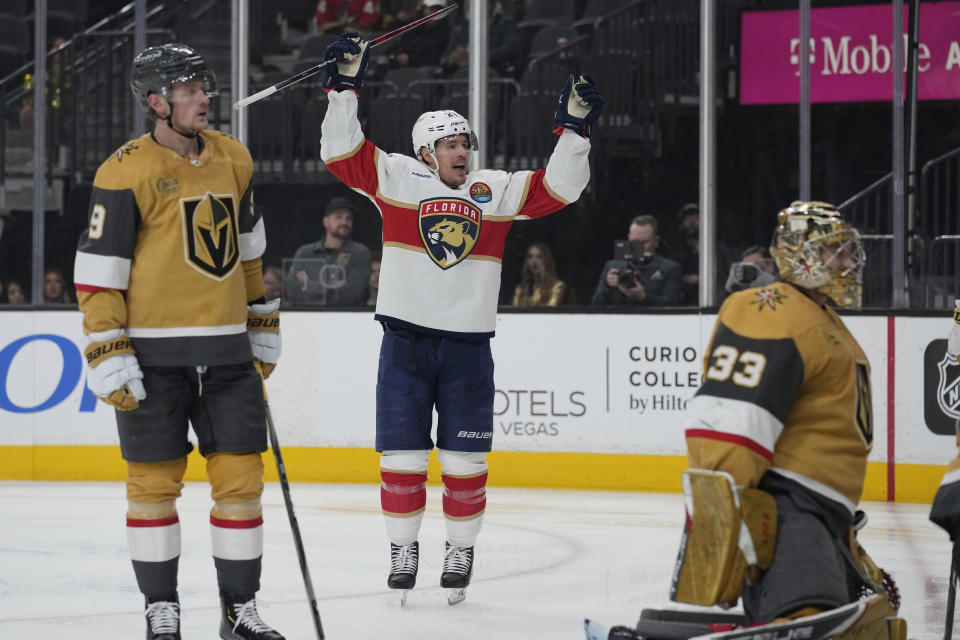 Florida Panthers center Nick Cousins (21) celebrates after scoring against the Vegas Golden Knights during the first period of an NHL hockey game Thursday, Jan. 12, 2023, in Las Vegas. (AP Photo/John Locher)