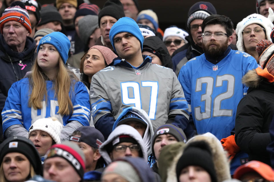 Detroit Lions fans watches their team in the fourth quarter of an NFL football game against the Chicago Bears Sunday, Dec. 10, 2023, in Chicago. (AP Photo/Nam Y. Huh)