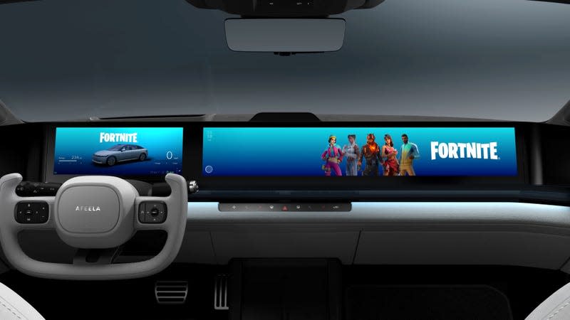 Sony and Honda's new smart car AFEELA displays an ad Epic Games' Fortnite on the dashboard.