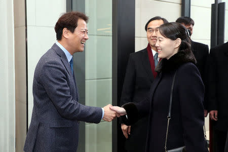 Im Jong-seok, the Chief Presidential Secretary for President of South Korea Moon Jae-in, greets Kim Yo Jong, the sister of North Korea's leader Kim Jong Un, during a banquet at a hotel in Seoul, South Korea, February 11, 2018. The Presidential Blue House/Yonhap via REUTERS