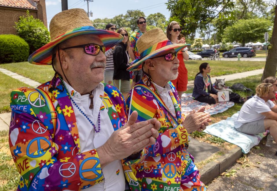 Chet Kabara and Frank Mahoud of Hopewell wore matching suits as they attend the New Jersey's 31st annual LGBTQ+ Pride Parade and Celebration in Asbury Park on June 4, 2023.