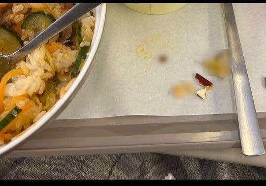 一名乘客吃韓亞航空的飛機餐時，因咬到疑似咖啡杯碎片導致牙損。（翻攝自Naver Cafe）